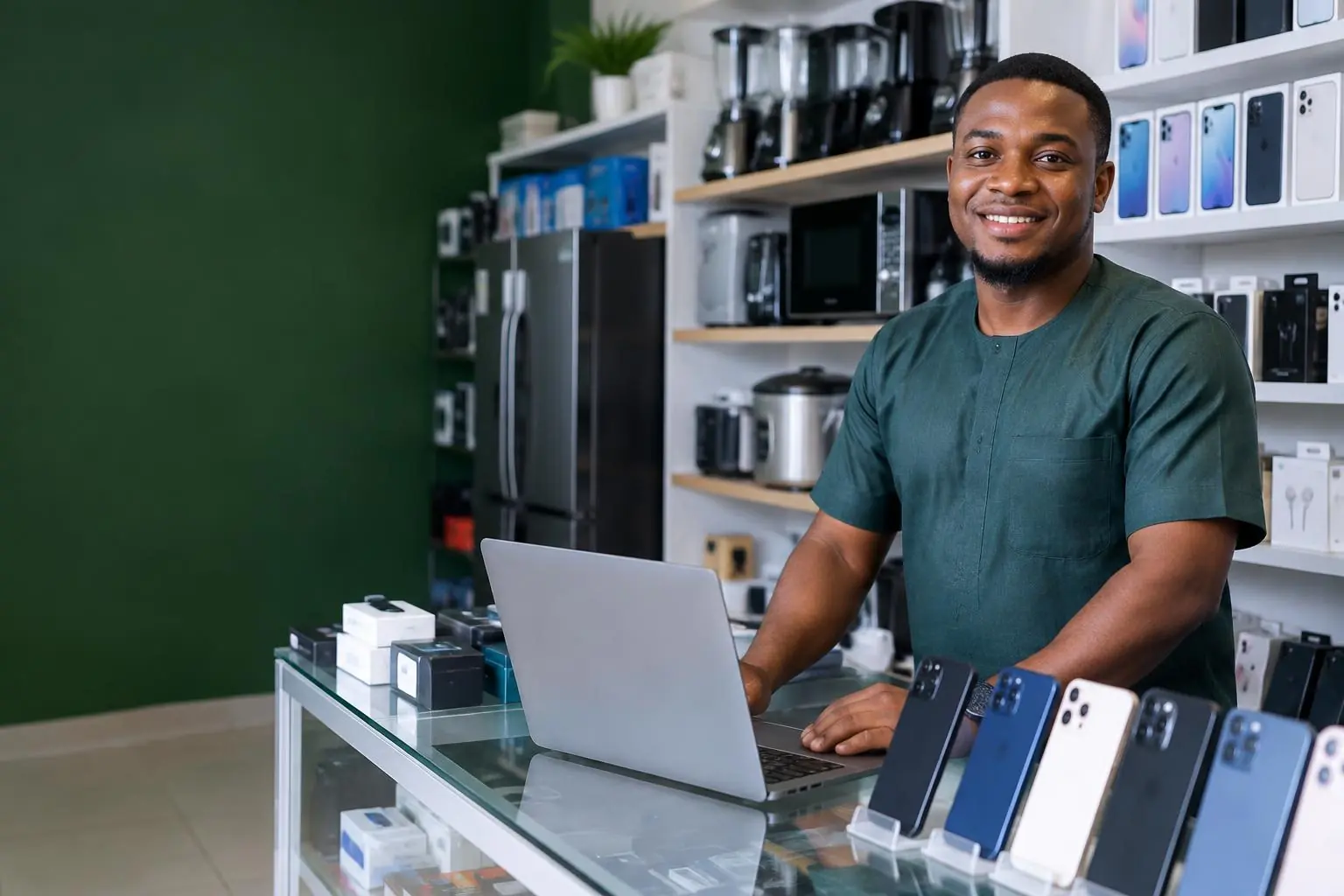 A Nigerian shop owner with phones and electronics